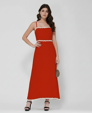 Wave Trim Spaghetti Maxi Dress (Red)