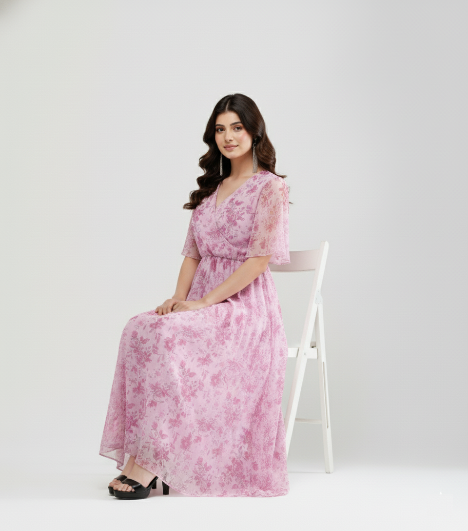 Pink Floral Mesh Maxi Dress