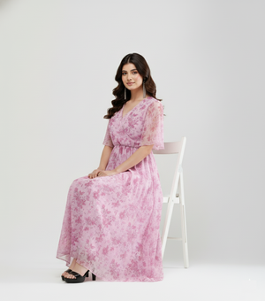 Pink Floral Mesh Maxi Dress