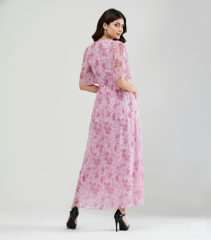 Pink Floral Mesh Maxi Dress