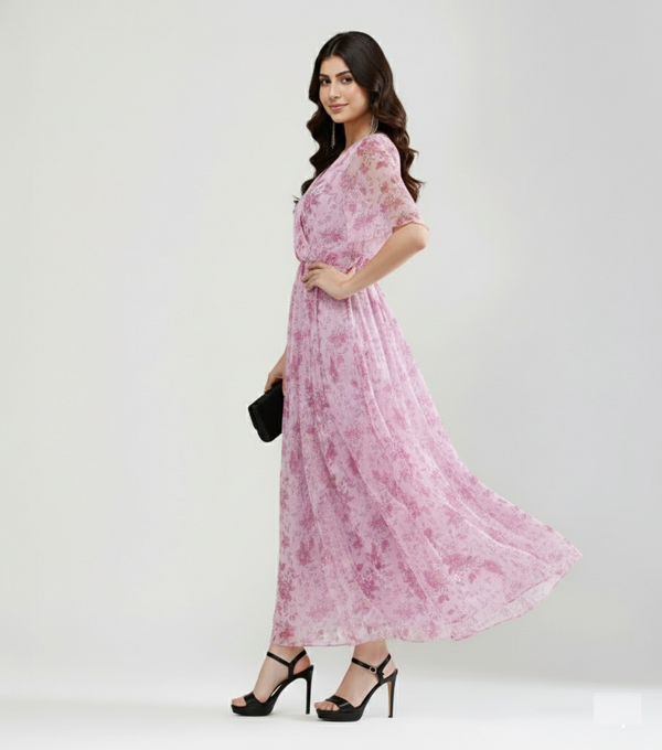 Pink Floral Mesh Maxi Dress