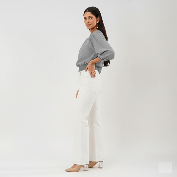 Smocked Neckline Georgette Blouse (Grey)