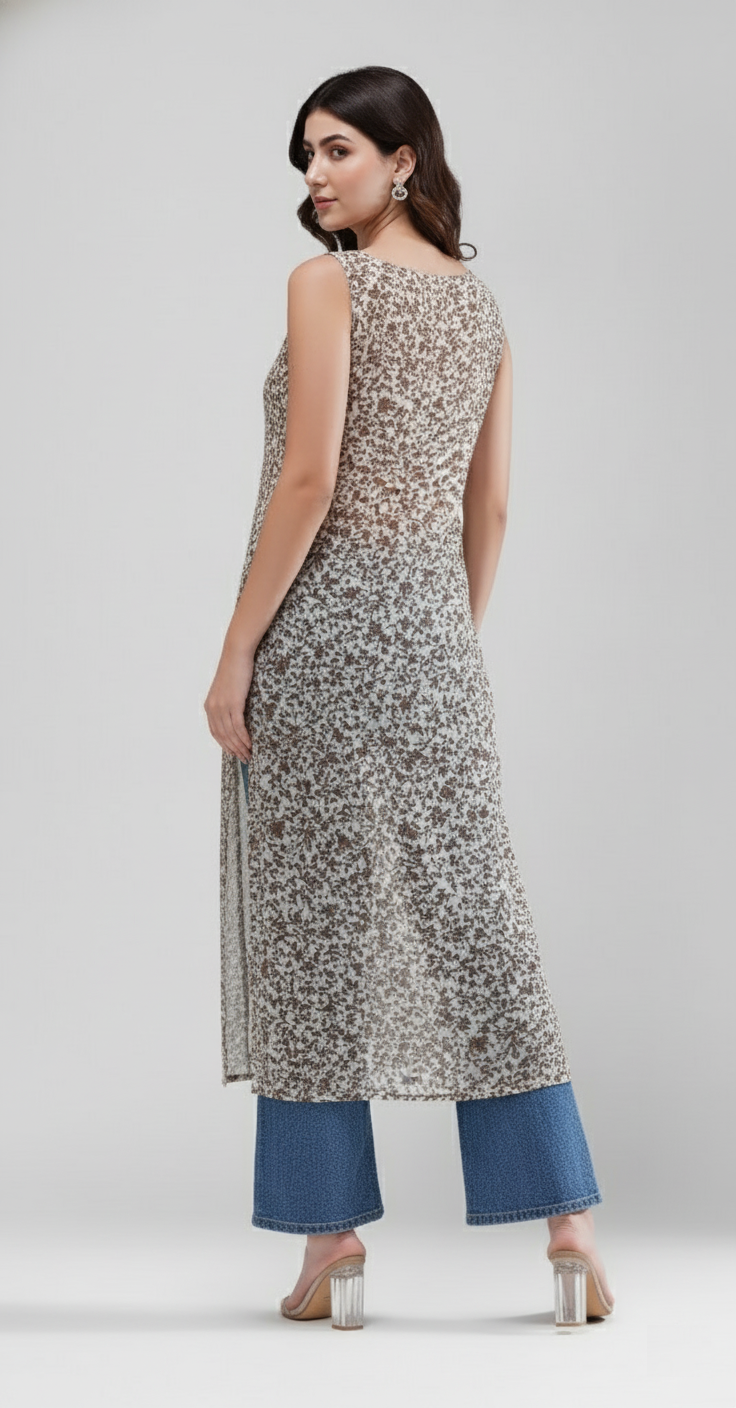 Indigo Bloom Longline Kurti (Coffee Petals)