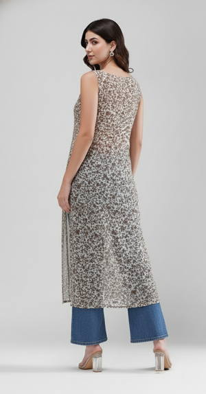 Indigo Bloom Longline Kurti (Coffee Petals)