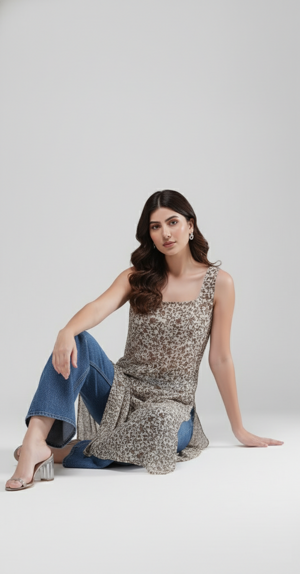 Indigo Bloom Longline Kurti (Coffee Petals)