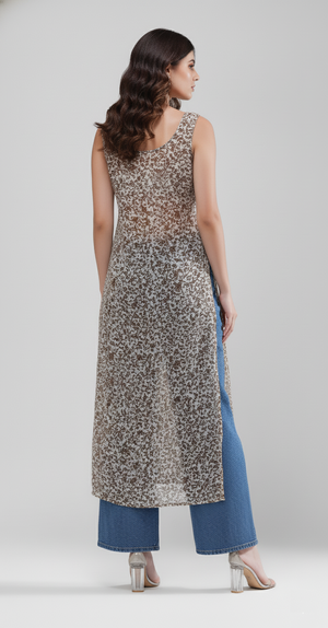 Indigo Bloom Longline Kurti (Coffee Petals)