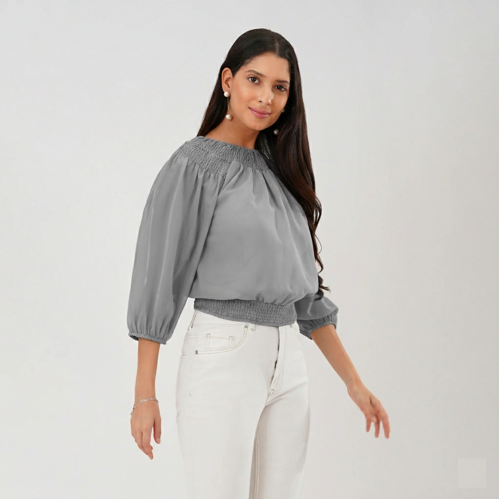 Smocked Neckline Georgette Blouse (Grey)