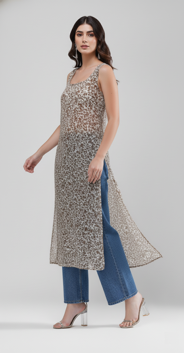 Indigo Bloom Longline Kurti (Coffee Petals)