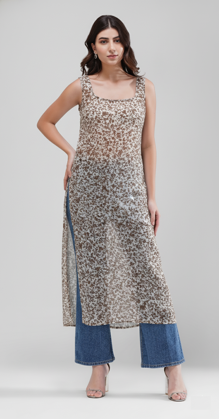 Indigo Bloom Longline Kurti (Coffee Petals)