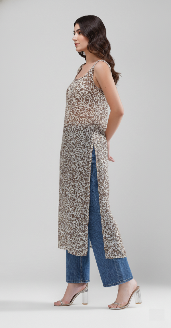 Indigo Bloom Longline Kurti (Coffee Petals)