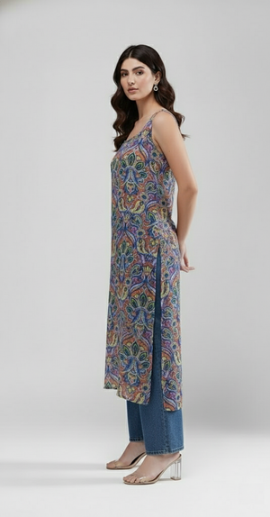 Indigo Bloom Longline Kurti (Paisley Print)