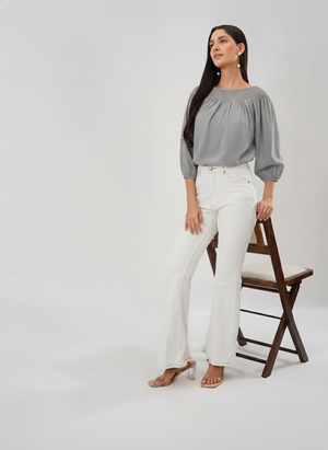 Smocked Neckline Georgette Blouse (Grey)