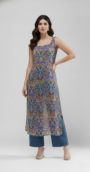 Indigo Bloom Longline Kurti (Paisley Print)