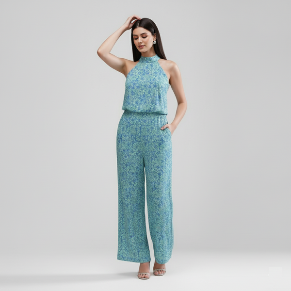 Tropical Vibes Halter Jumpsuit (Blue Mint Floral)