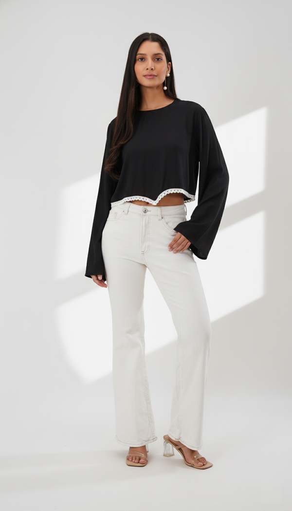 Bloom Bell Sleeve Crop Top (Black)