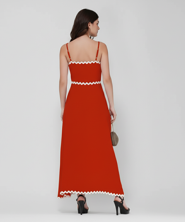 Wave Trim Spaghetti Maxi Dress (Red)