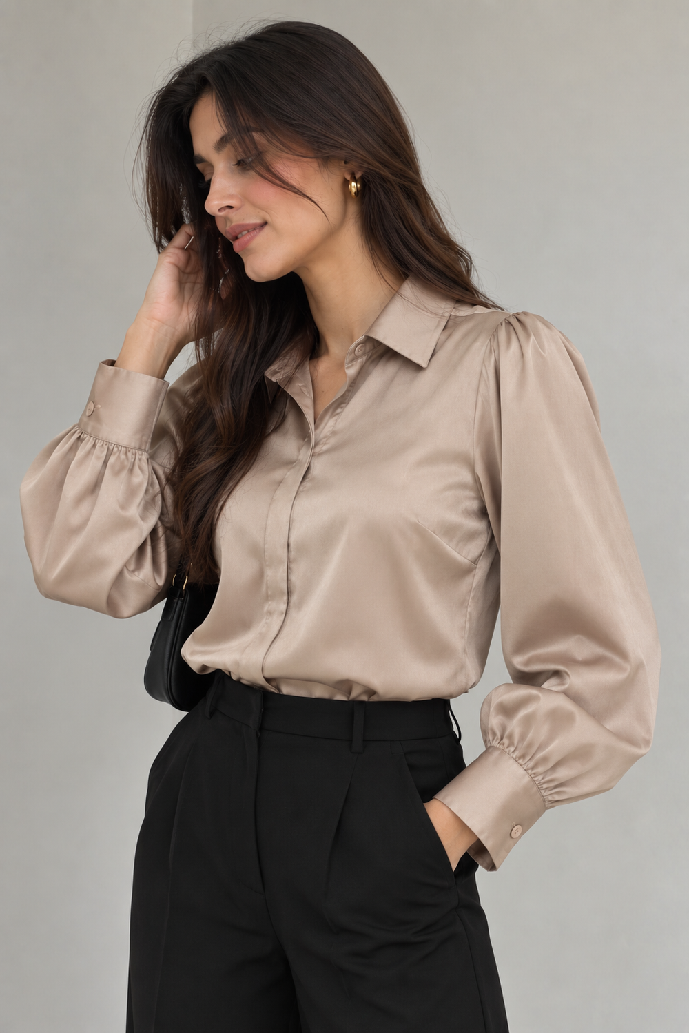 Luxe Satin Classic Shirt (Beige)