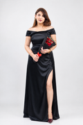 Midnight Elegance Off-Shoulder Satin Slit Gown
