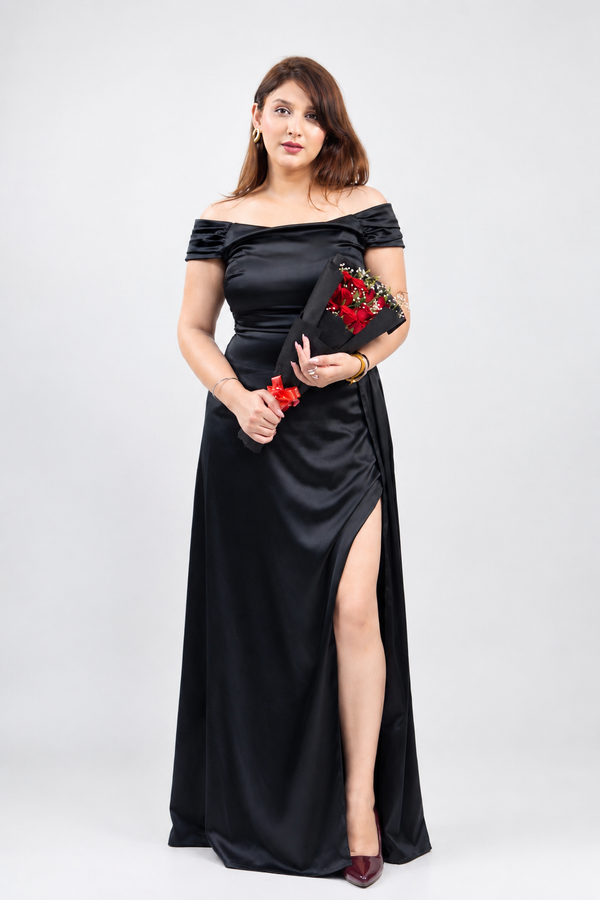 Midnight Elegance Off-Shoulder Satin Slit Gown