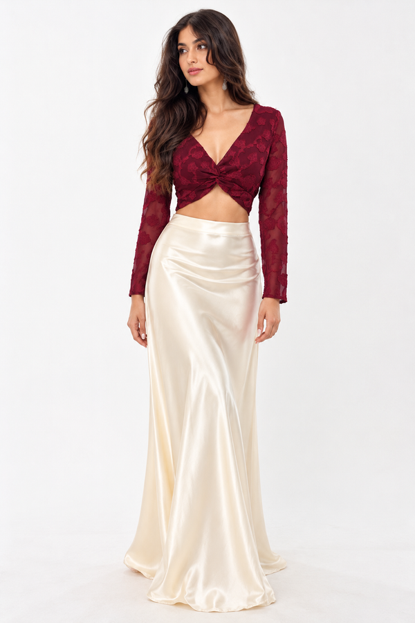 Burnout Mesh Twist Front Crop Top (Burgundy)