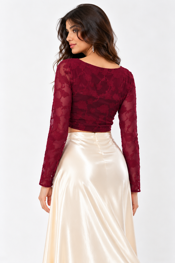 Burnout Mesh Twist Front Crop Top (Burgundy)