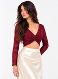 Burnout Mesh Twist Front Crop Top (Burgundy)