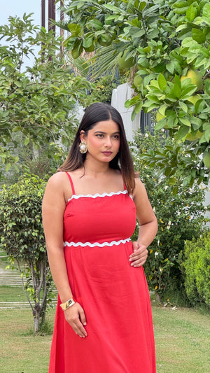 Wave Trim Spaghetti Maxi Dress (Red)