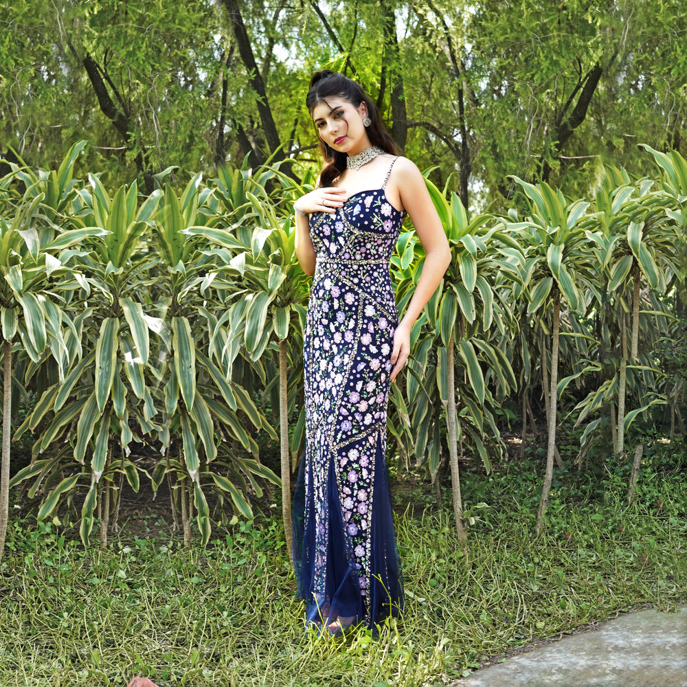 Floral Elegance Navy Blue Long Dress