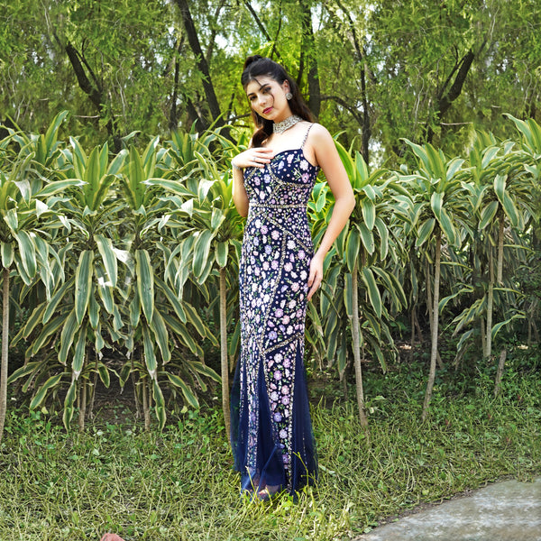 Floral Elegance Navy Blue Long Dress