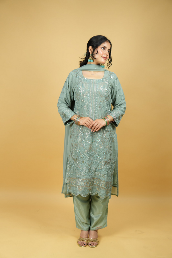The Teal Opulence Set - Heavy Sequin Georgette Suit with Zari Dupatta