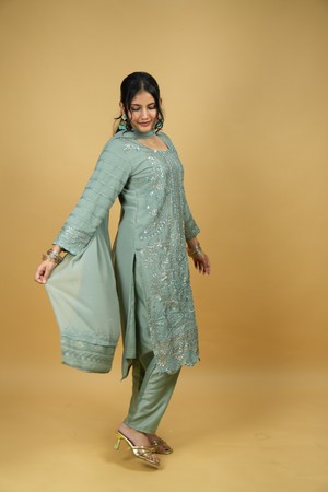 The Teal Opulence Set - Heavy Sequin Georgette Suit with Zari Dupatta