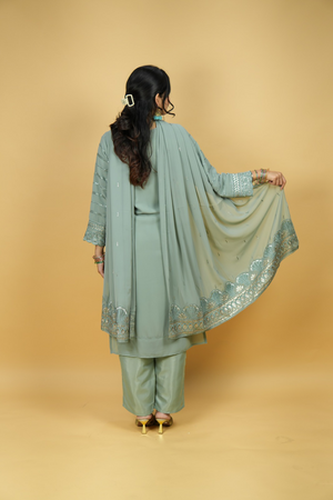 The Teal Opulence Set - Heavy Sequin Georgette Suit with Zari Dupatta