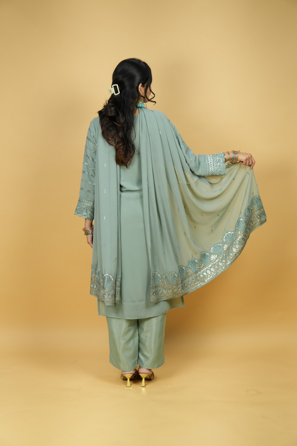 The Teal Opulence Set - Heavy Sequin Georgette Suit with Zari Dupatta