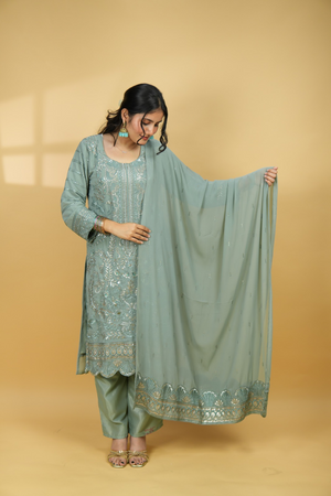 The Teal Opulence Set - Heavy Sequin Georgette Suit with Zari Dupatta