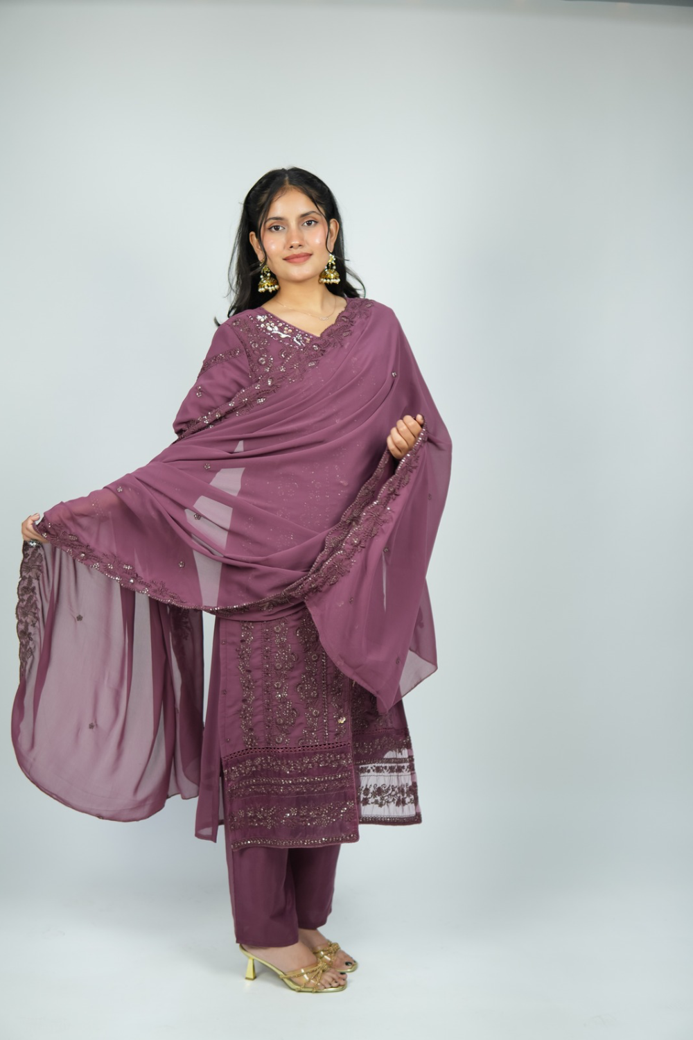 The Plum Luxe Set - Chikankari & Sequin Georgette Suit in Dusty Mauve
