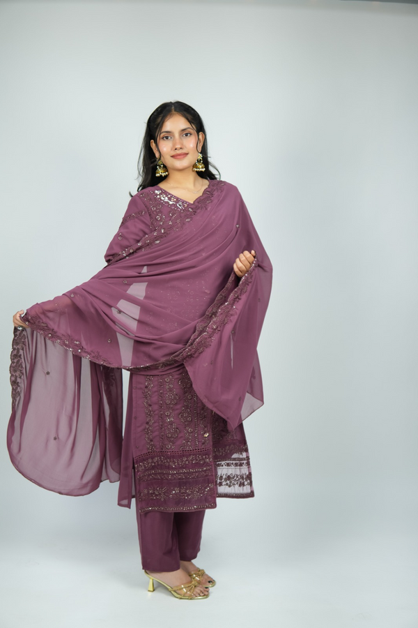 The Plum Luxe Set - Chikankari & Sequin Georgette Suit in Dusty Mauve