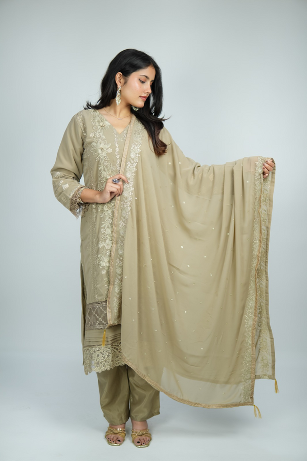 The Olive Atelier Set - White Threadwork Georgette Suit with Cutwork Lace Hem