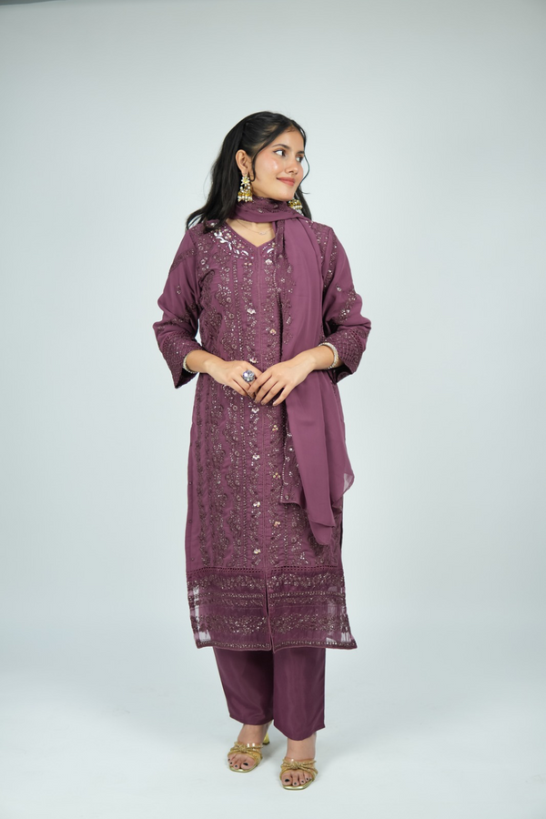 The Plum Luxe Set - Chikankari & Sequin Georgette Suit in Dusty Mauve