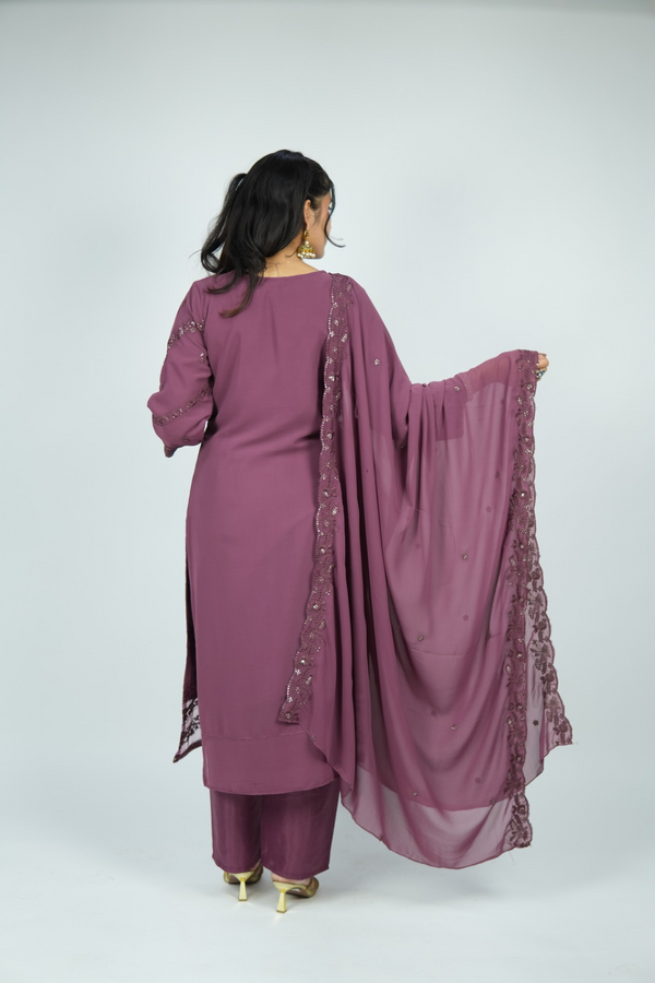 The Plum Luxe Set - Chikankari & Sequin Georgette Suit in Dusty Mauve