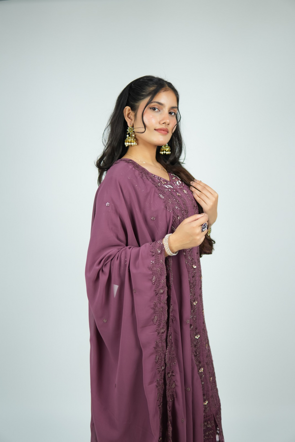 The Plum Luxe Set - Chikankari & Sequin Georgette Suit in Dusty Mauve
