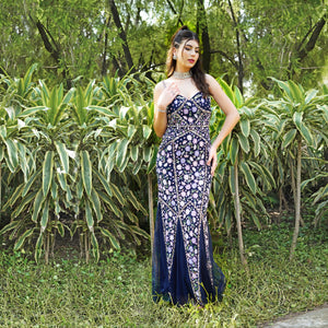 Floral Elegance Navy Blue Long Dress