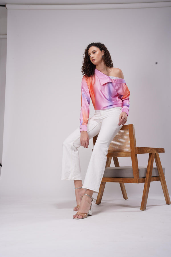 Satin Swirl Off-Shoulder Shirt