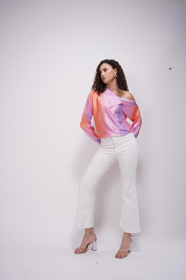 Satin Swirl Off-Shoulder Shirt