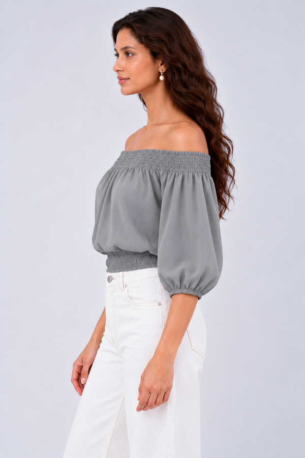 Smocked Neckline Georgette Blouse (Grey)