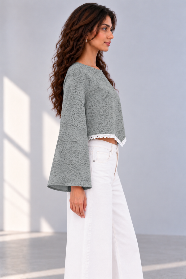 Bloom Bell Sleeve Crop Top (GREY)