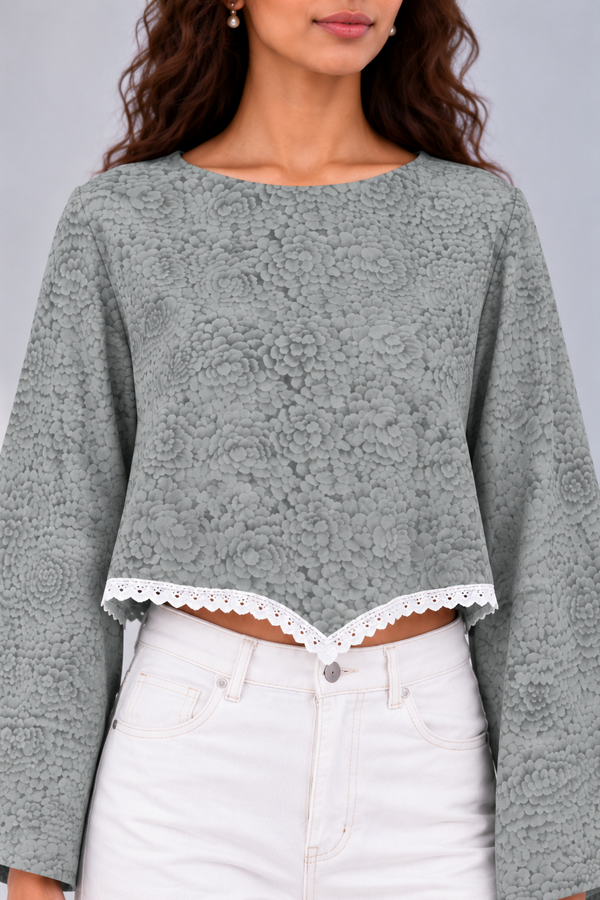 Bloom Bell Sleeve Crop Top (GREY)