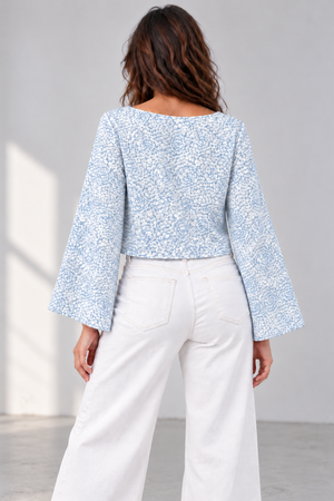 Bloom Bell Sleeve Crop Top (Blue Floral)