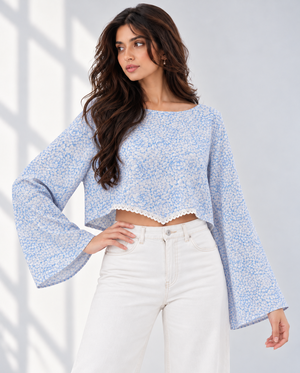 Bloom Bell Sleeve Crop Top (Blue Floral)