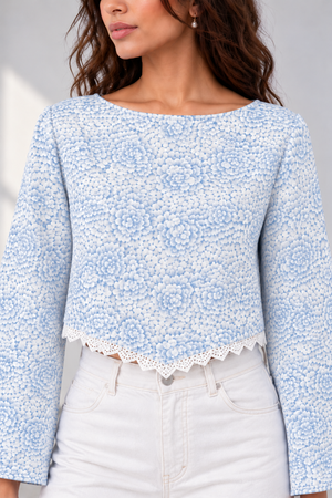 Bloom Bell Sleeve Crop Top (Blue Floral)