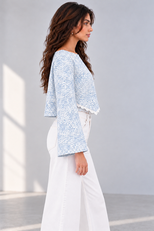 Bloom Bell Sleeve Crop Top (Blue Floral)